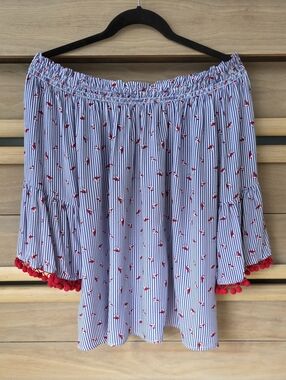 Blue & White Striped Off-Shoulder Top with Red Pom Trim